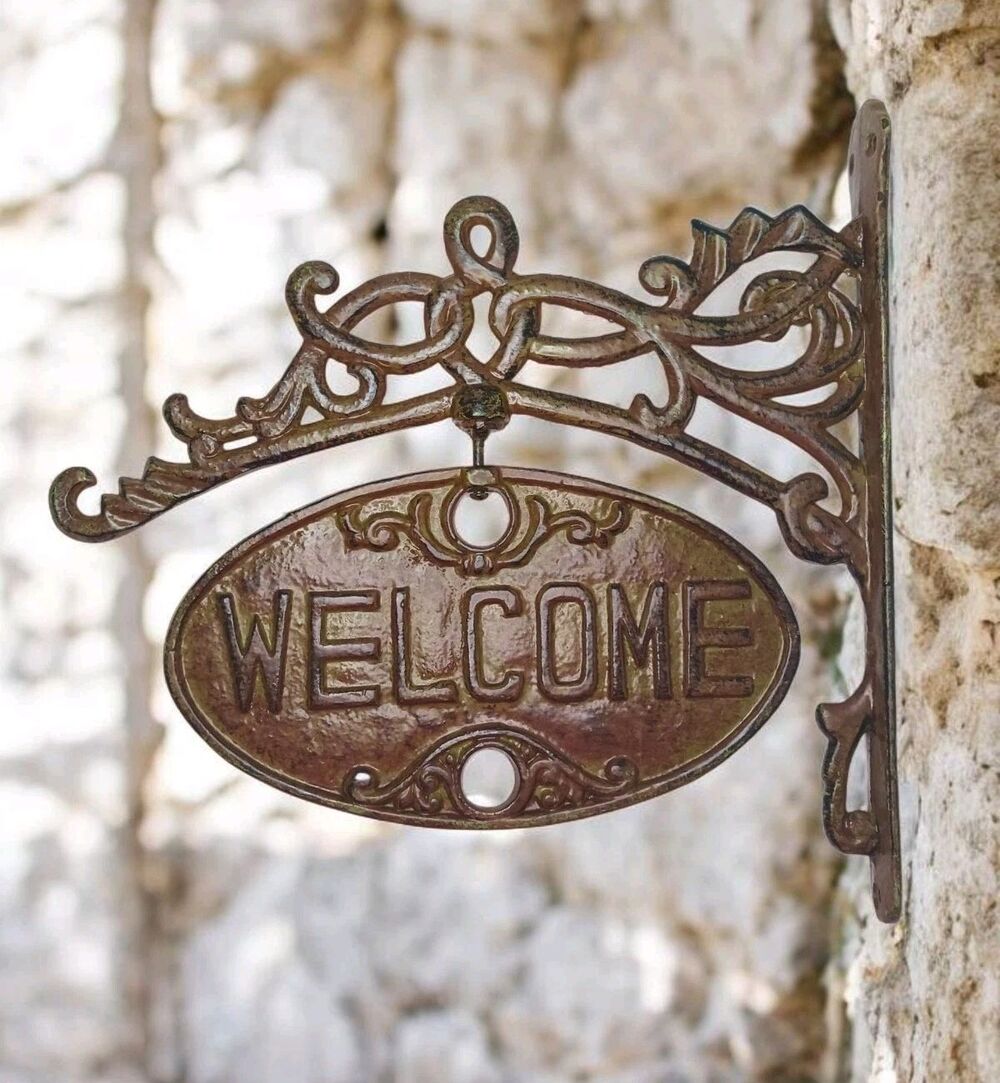 Vtg Ornate Cast Iron Welcome Sign Swivel Spins Goodbye Rustic Heavy Wall Hanging